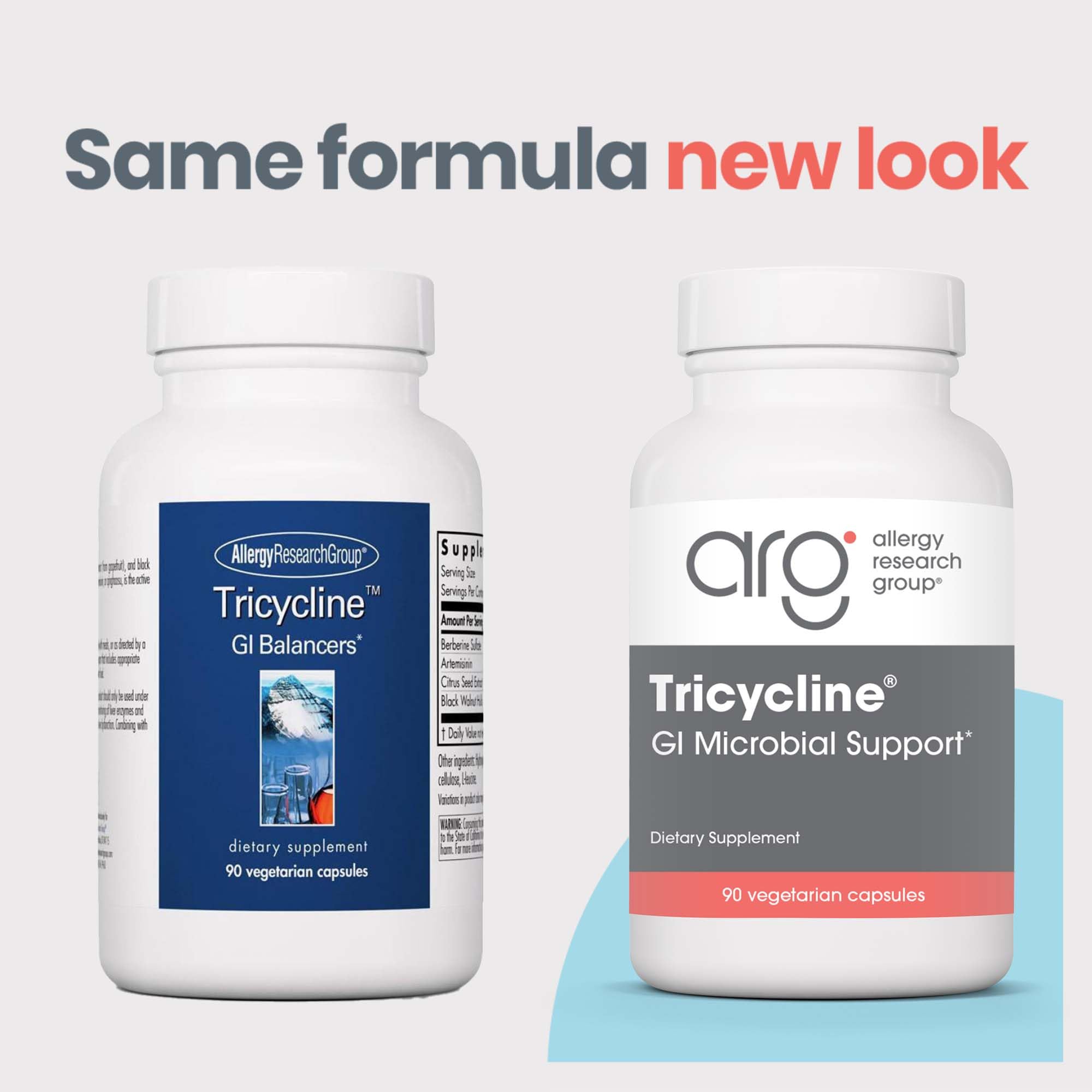 Tricycline d'Allergy Research Group, capsules au premier plan, utilisation quotidienne avec les repas possible.