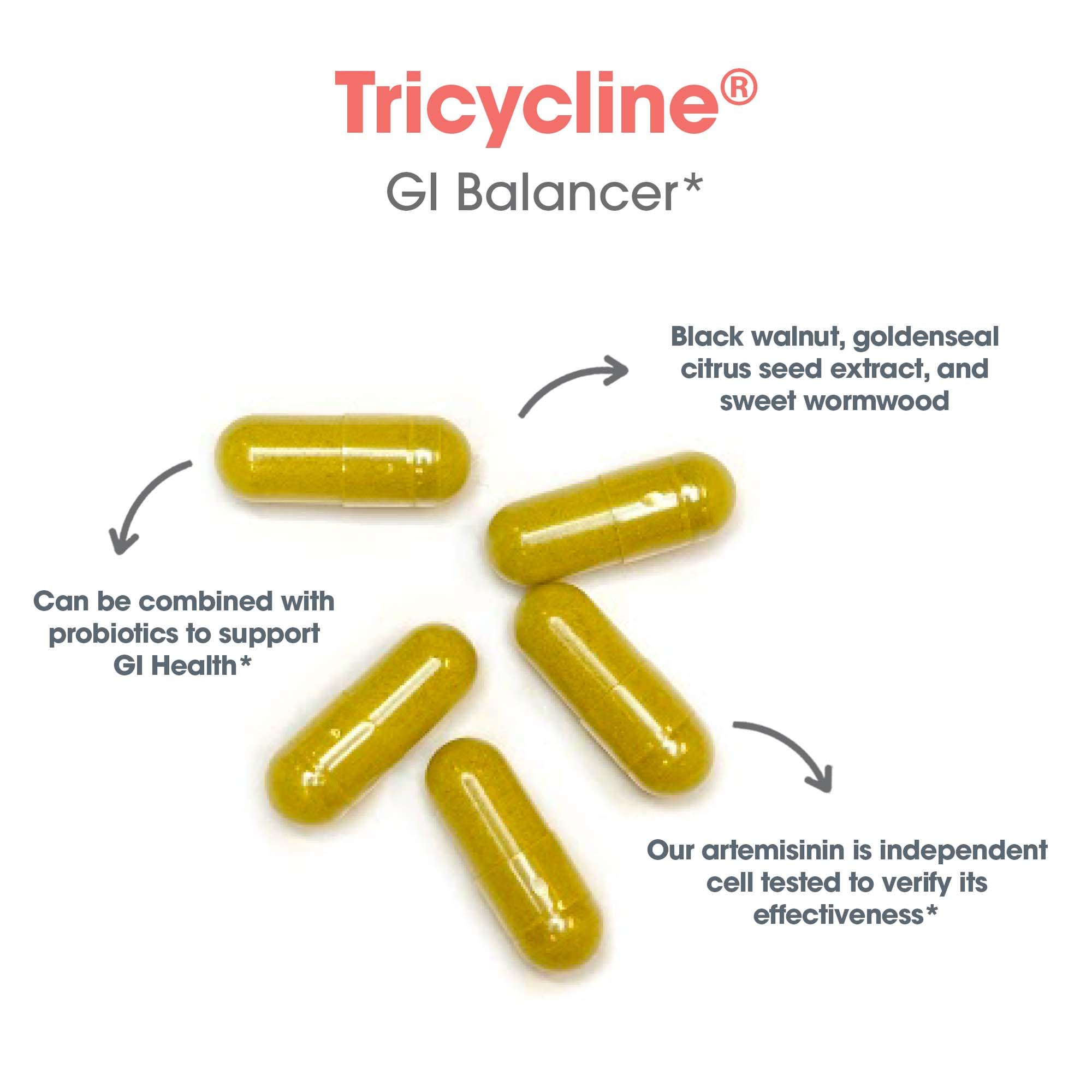 Tricycline d'Allergy Research Group, emballage arrière, fiche ingrédients détaillée.