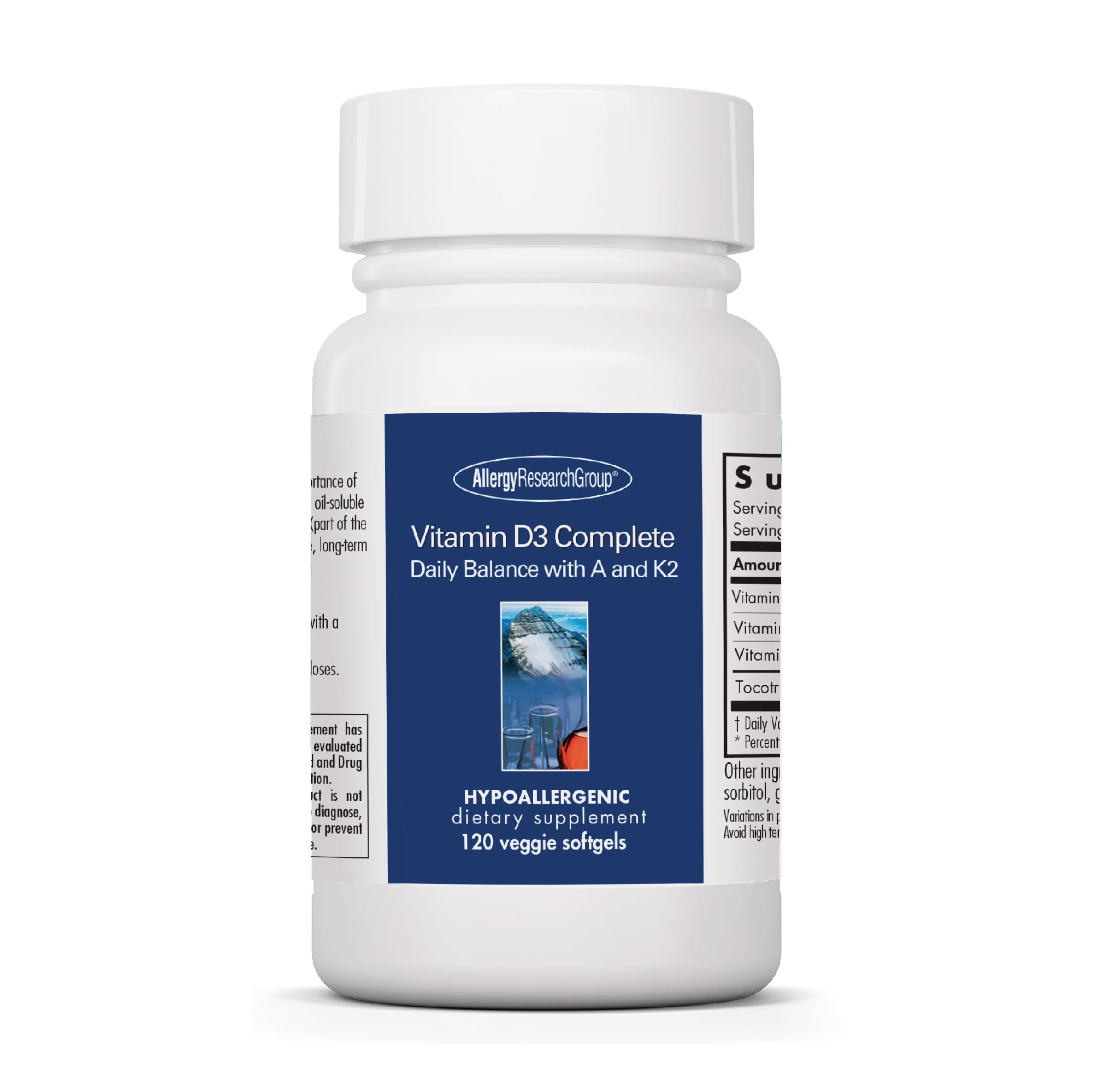 Allergy Research Group Vit D3 Complete, flacon montrant la formulation équilibrée pour un usage quotidien potentiel.