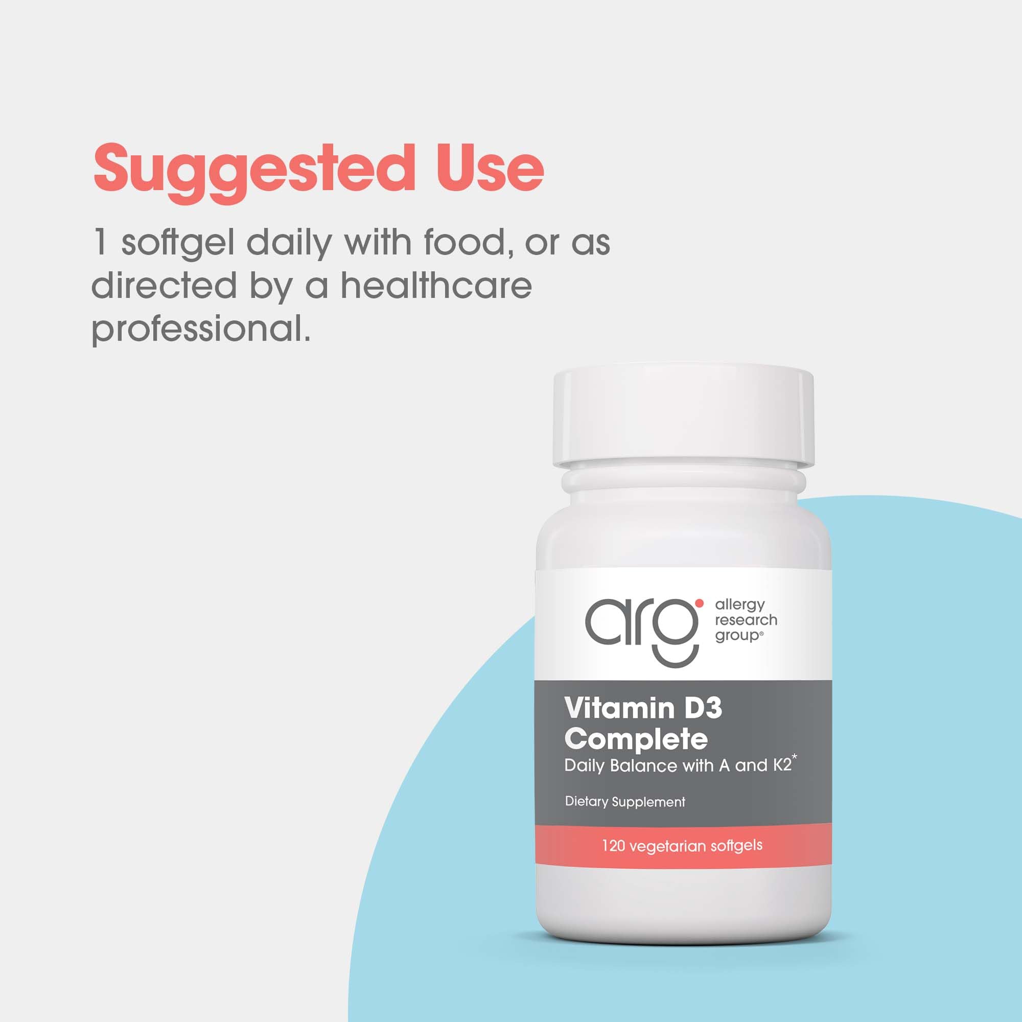 Allergy Research Group Vit D3 Complete, dosage quotidien suggéré pour une routine simple.