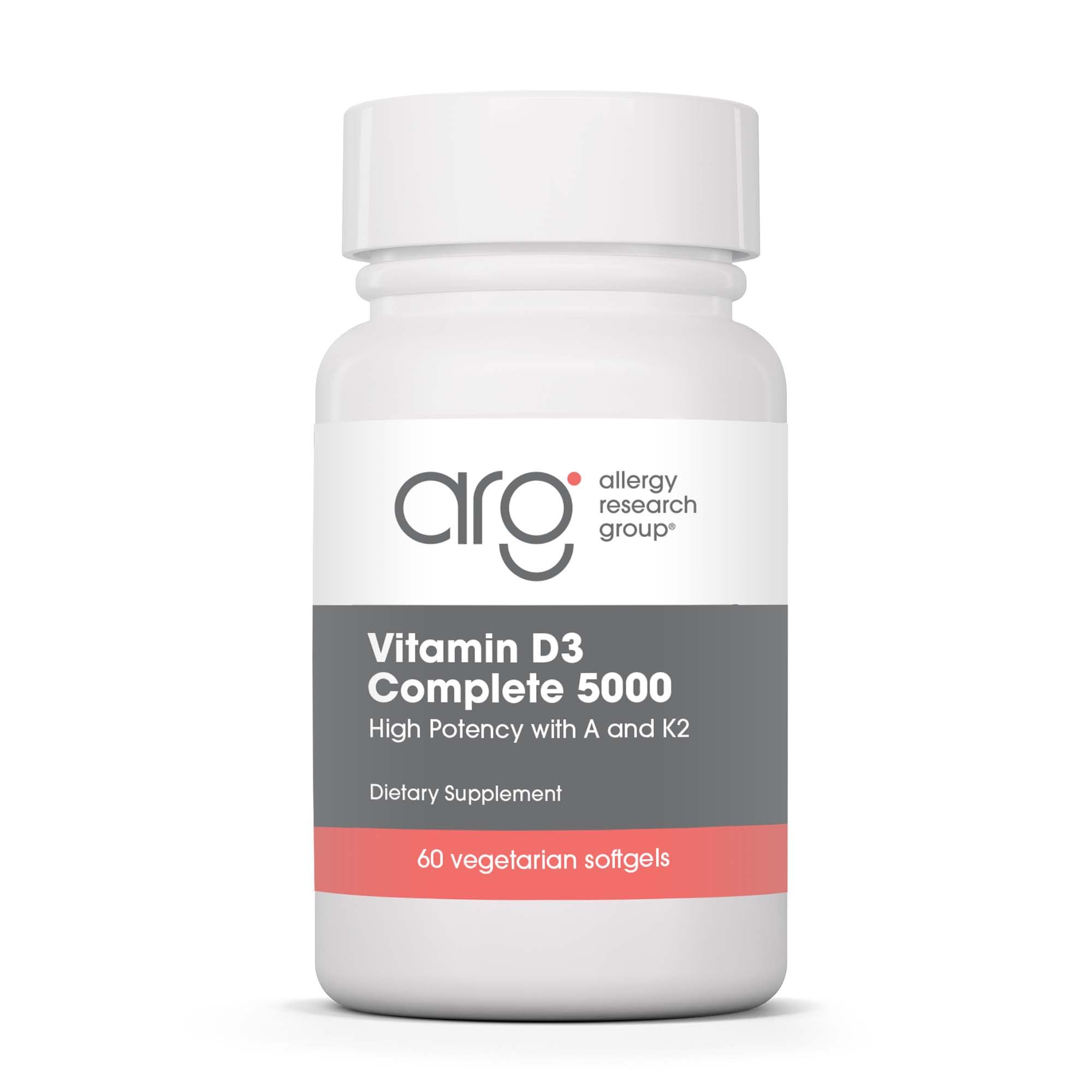 Allergy Research Group Vitamine D3 Complete: bouteille avec gélules, soutien potentiel à l'équilibre quotidien.