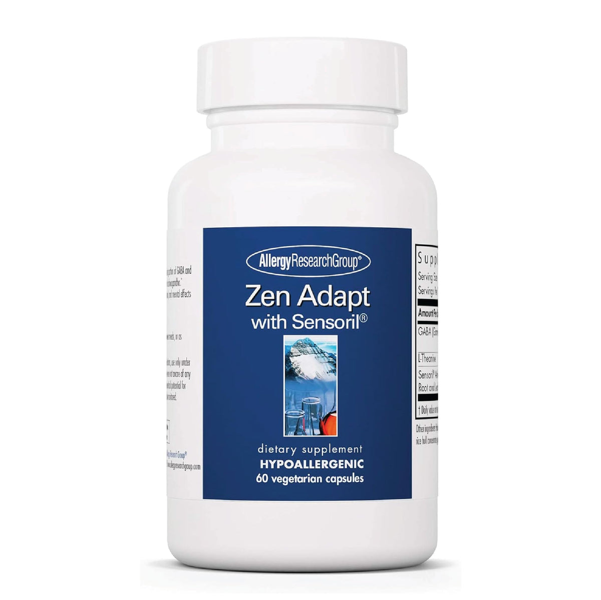 Zen Adapt dAllergy Research Group – bouteille et capsules végétariennes offrant un soutien potentiel au calme.