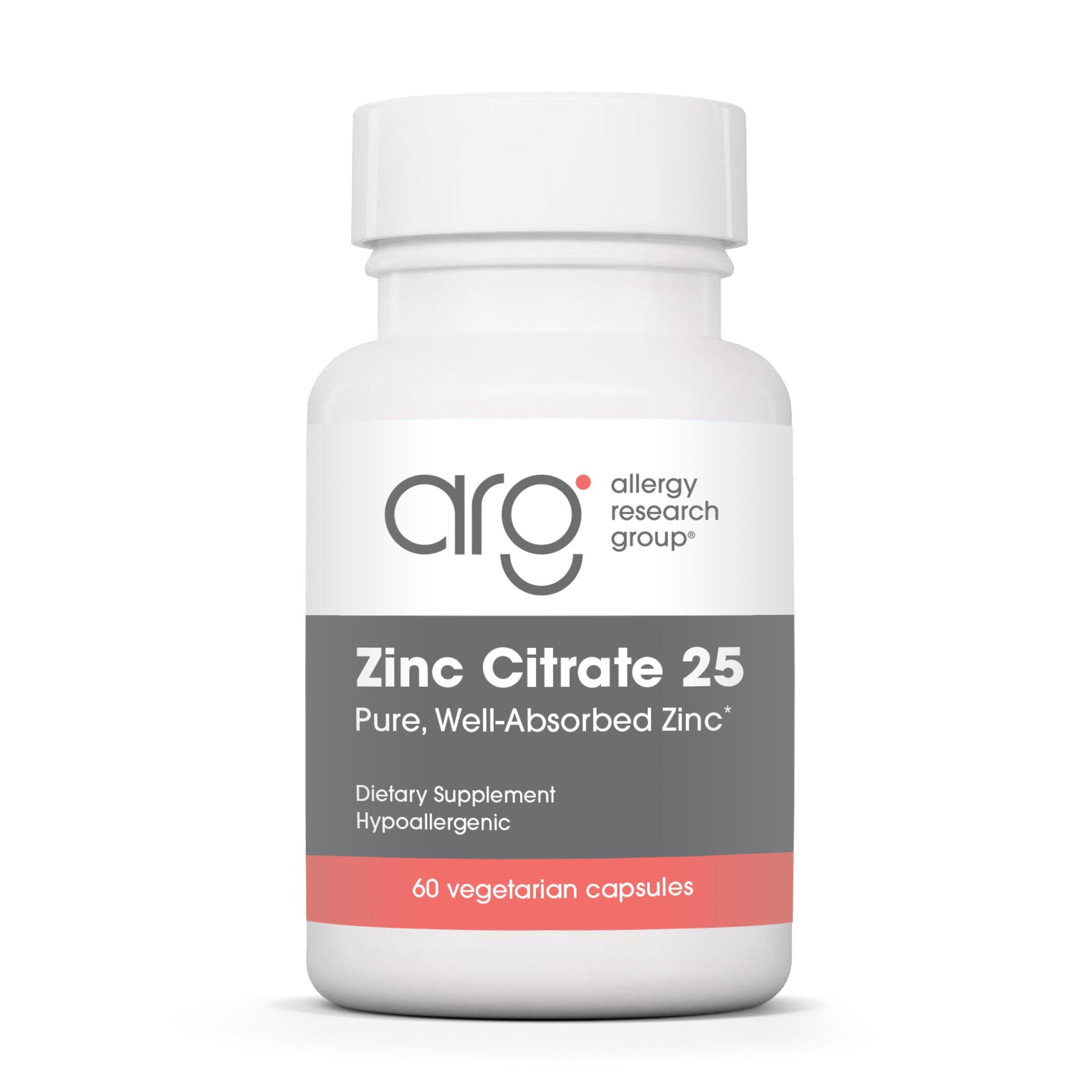 Allergy Research Group Zinc Citrate – bouteille et gélules, soutien immunitaire potentiel.