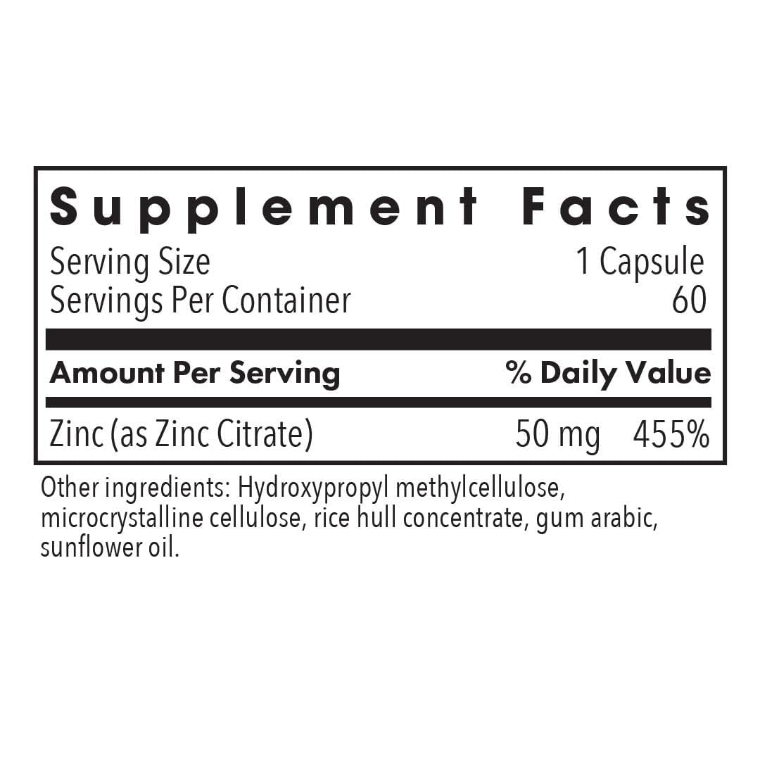 Allergy Research Group Zinc Citrate – etiquette: conformité élevée, sans gluten ni allergènes courants.