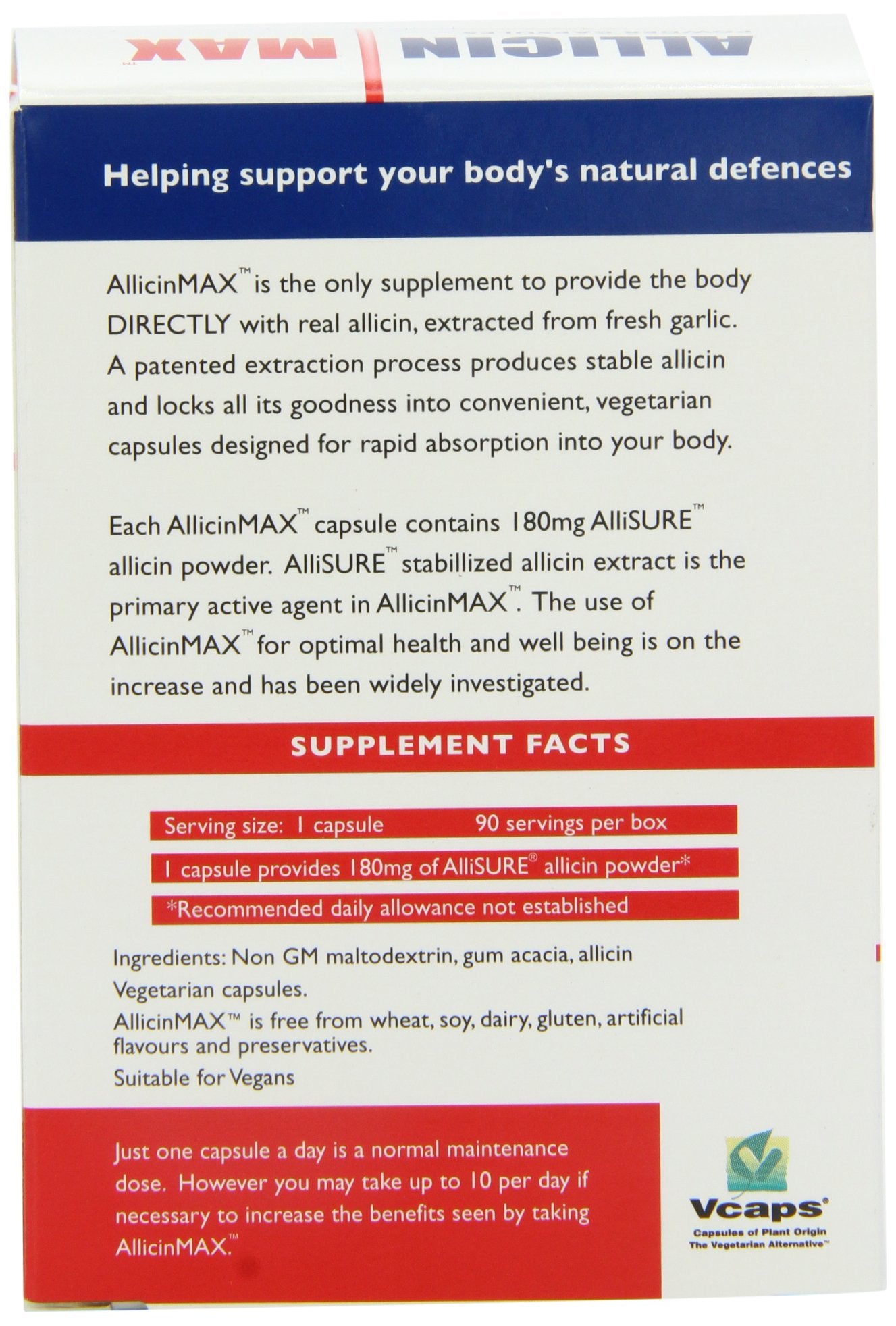 ALLICINMAX Allicin pur capsules - etiquette informative, mélange naturel pour le quotidien.