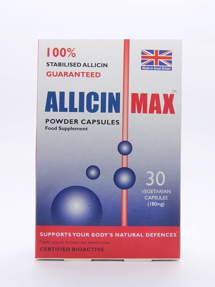 ALLICINMAX Allicin Max – vue avant de la bouteille, gélules stabilisées pour absorption rapide.
