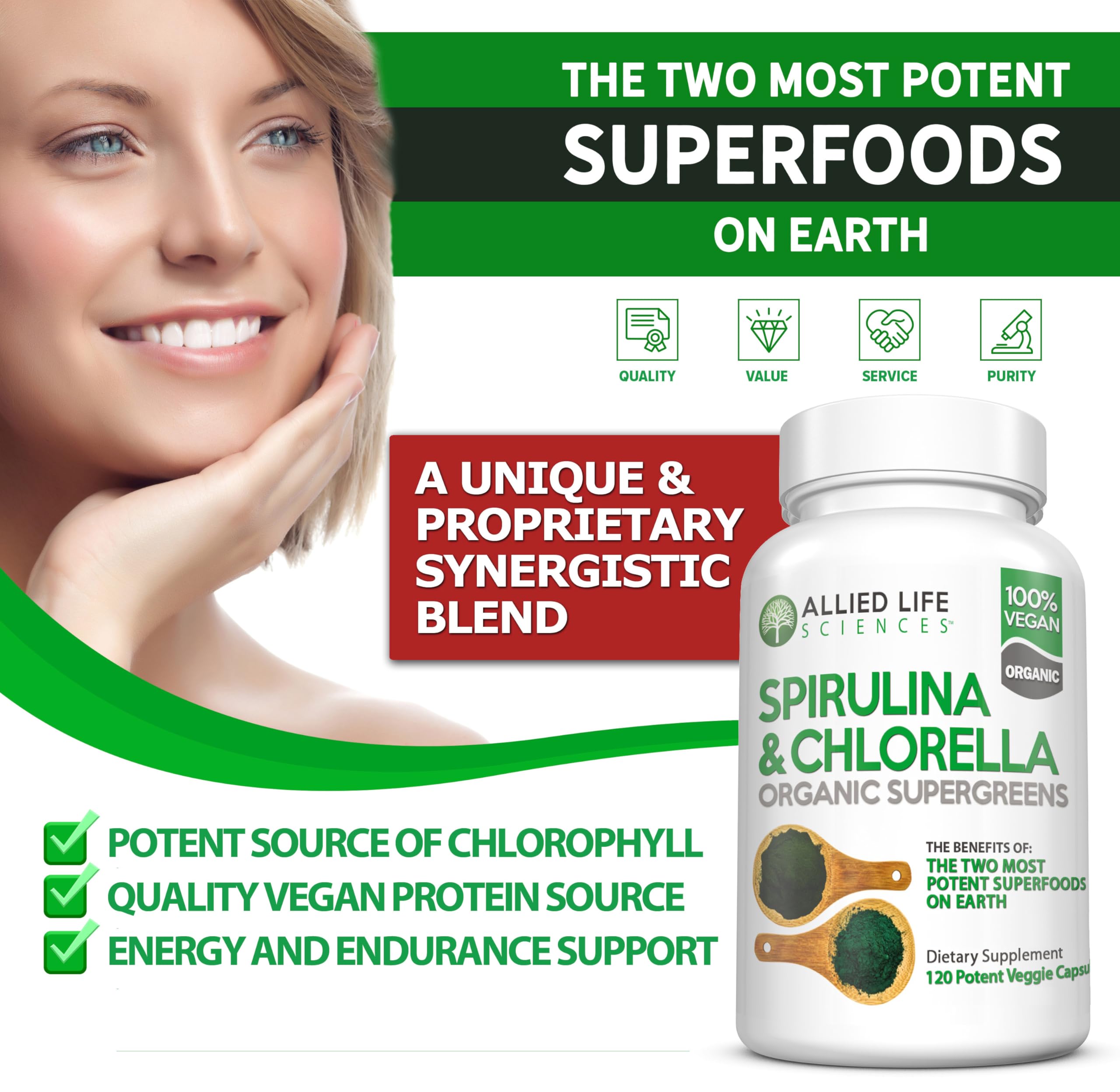 Bouteille verte Allied Life Spiruline et Chlorelle prête à l'usage.