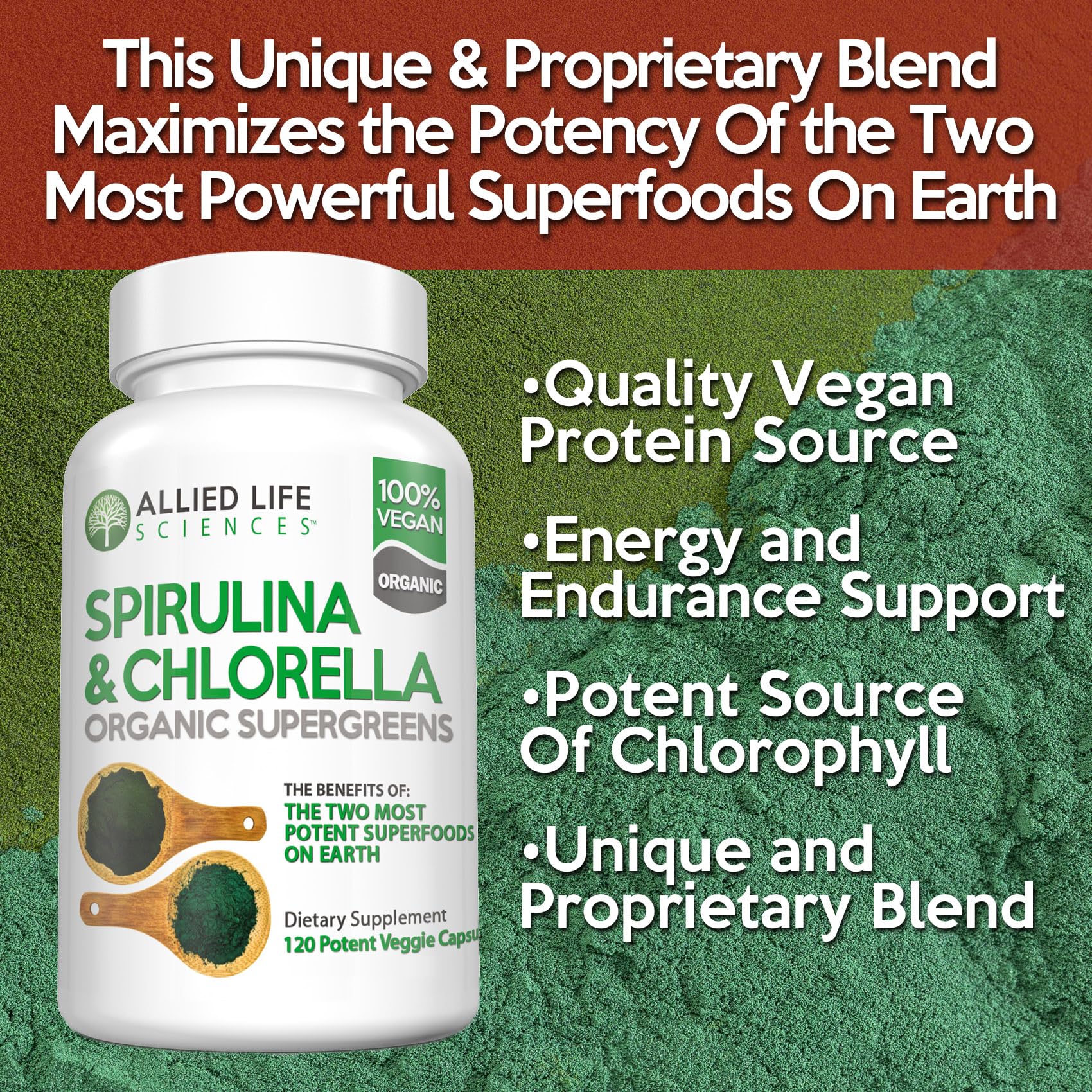 Étiquette nutritionnelle Allied Life Spiruline-Chlorelle détaille protéines et minéraux.
