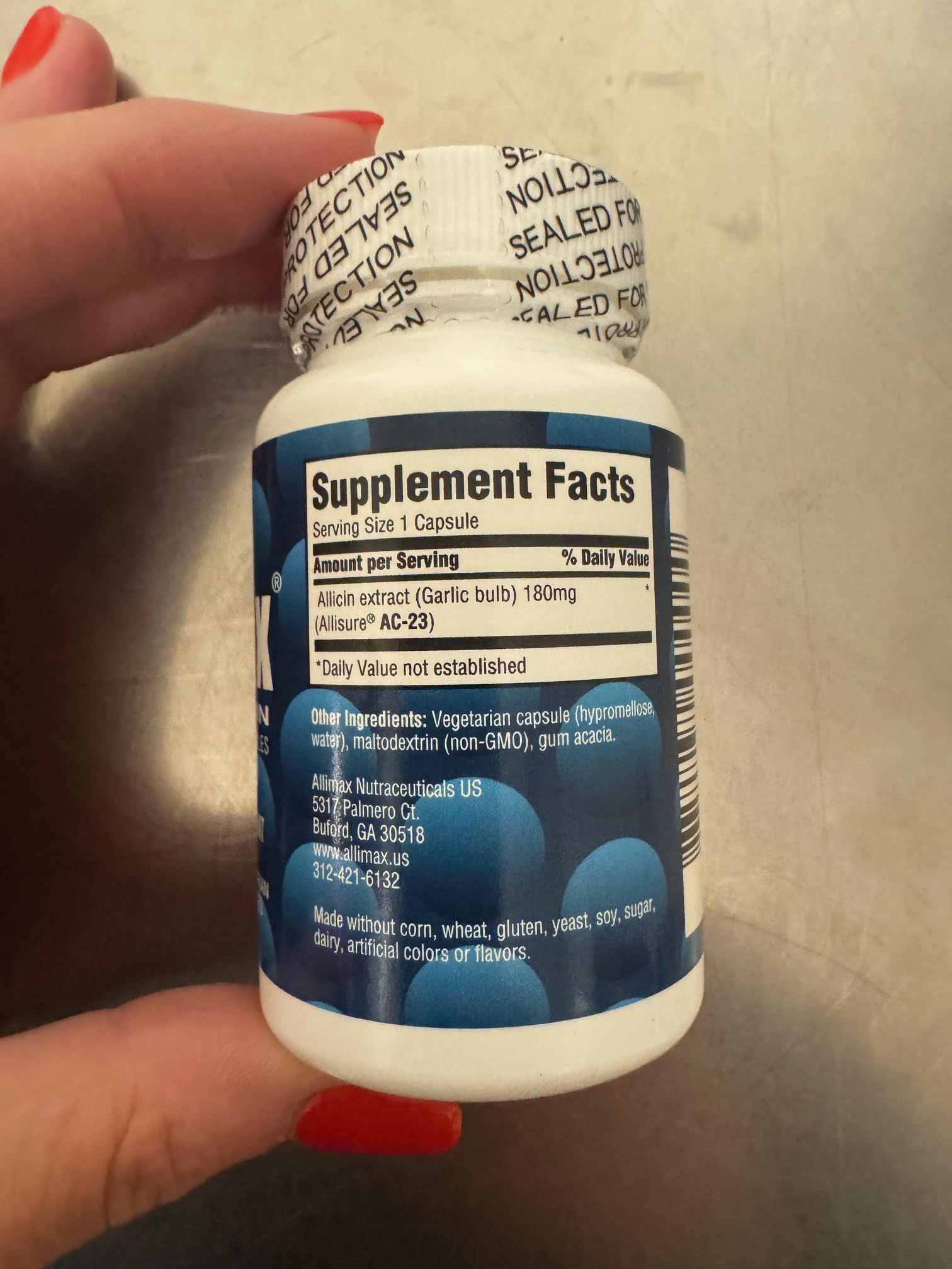 Allimax 180 mg, gélules rondes, forme simple à avaler.