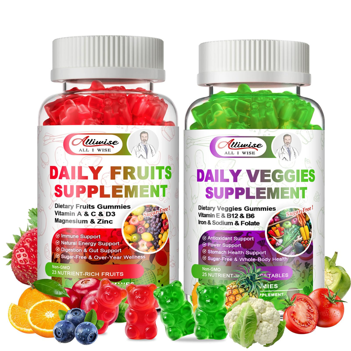Alliwise gummies fruits et legumes, emballage pratique pour routine quotidienne.