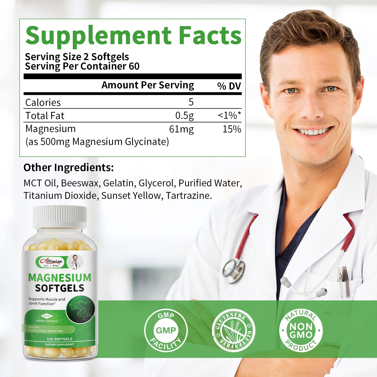Gélules softgels jaunes Alliwise Glycinate, faciles à avaler et tolérées.