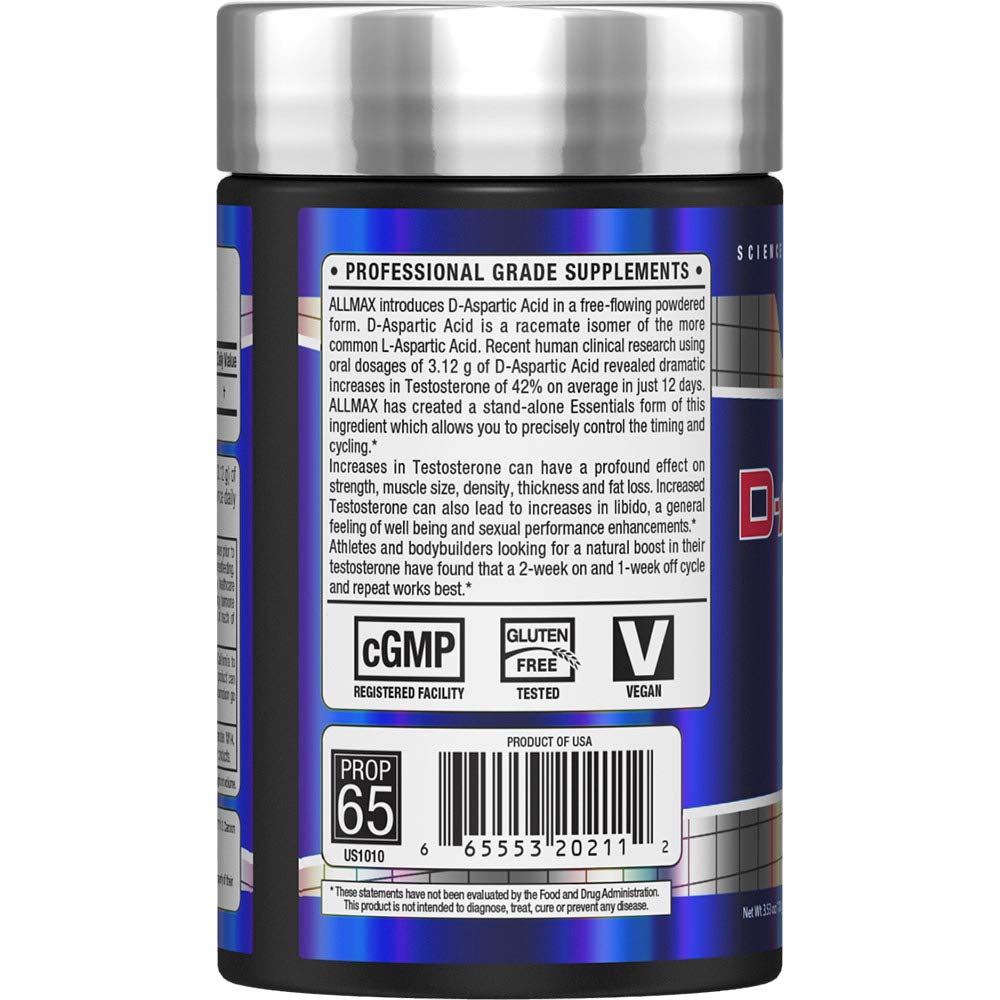 ALLMAX Acide D‑Aspartique — cuillère dose visible, dose matinale recommandée