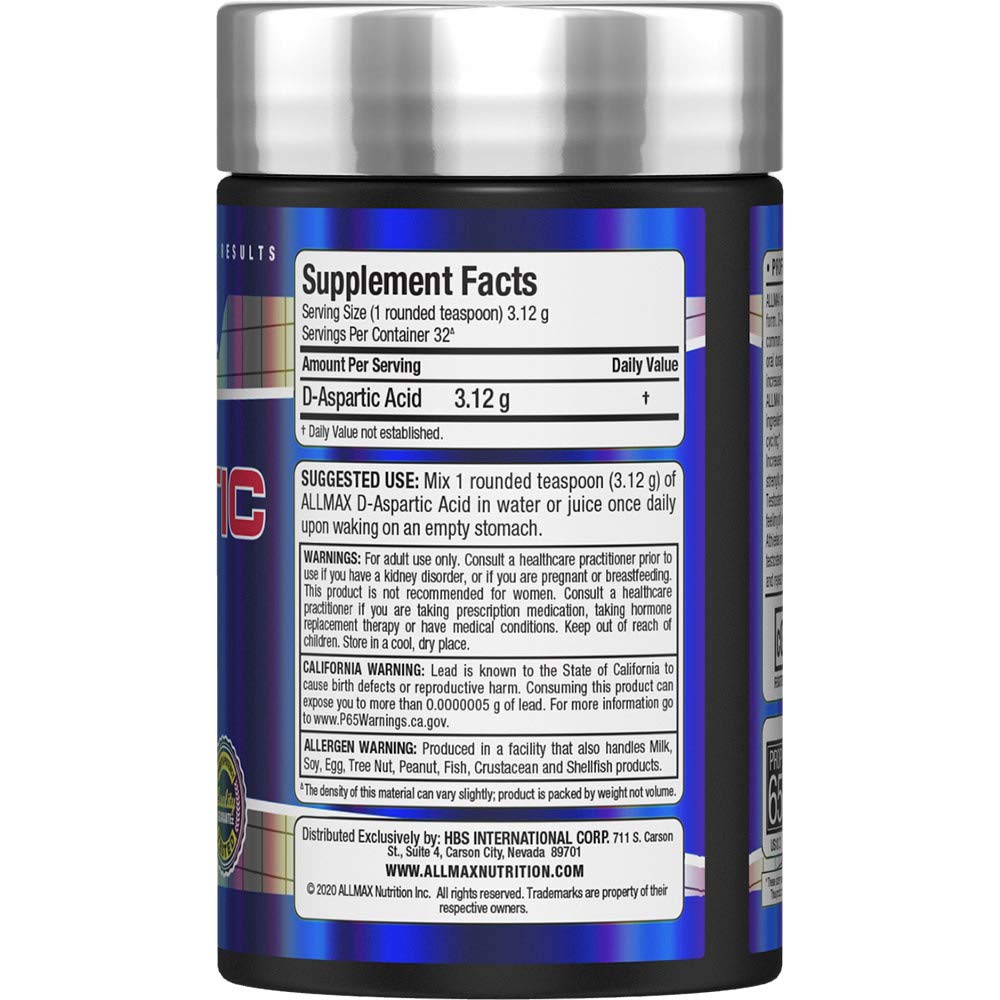 ALLMAX Acide D‑Aspartique — étiquette de qualité et ingrédients purs
