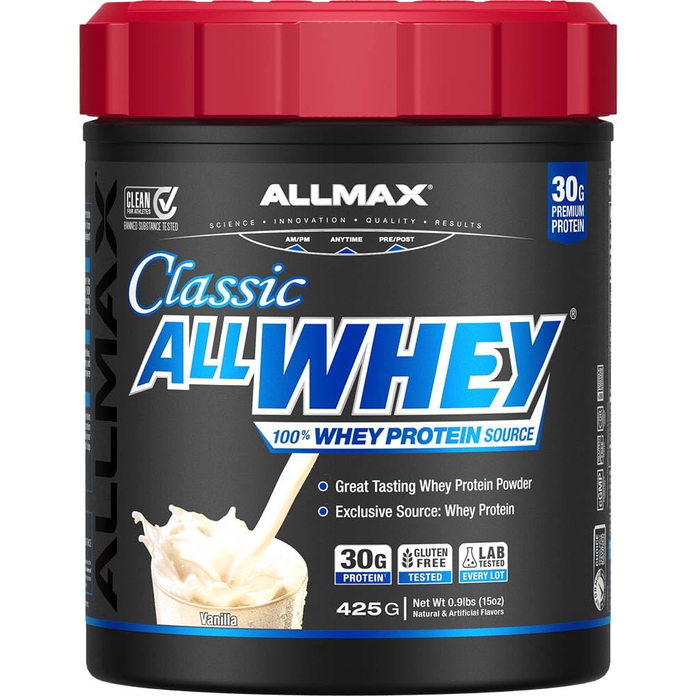 ALLMAX AllWhey Classic vanille emballage et scoop facile à doser