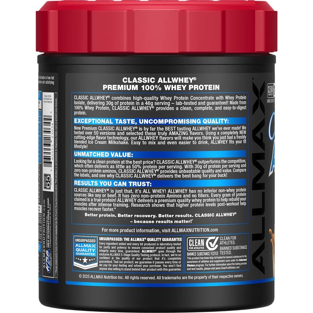 ALLMAX AllWhey Classic vanille étiquette sans gluten, traçabilité fiable