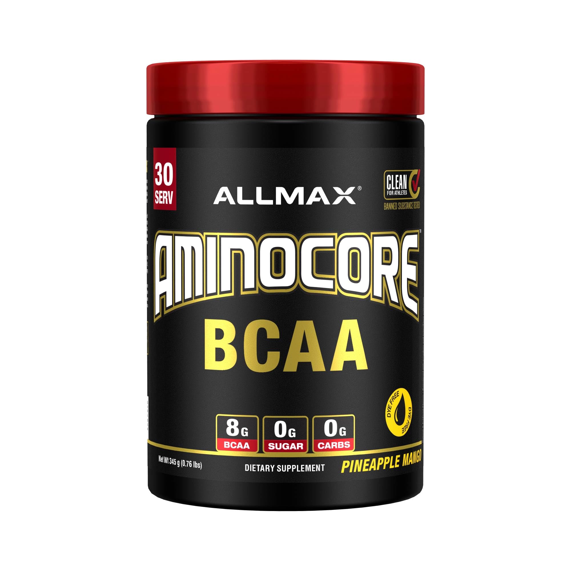 ALLMAX AMINOCORE dans le pot montrant le mélange BCAA clair et ciblé pour la récupération musculaire.