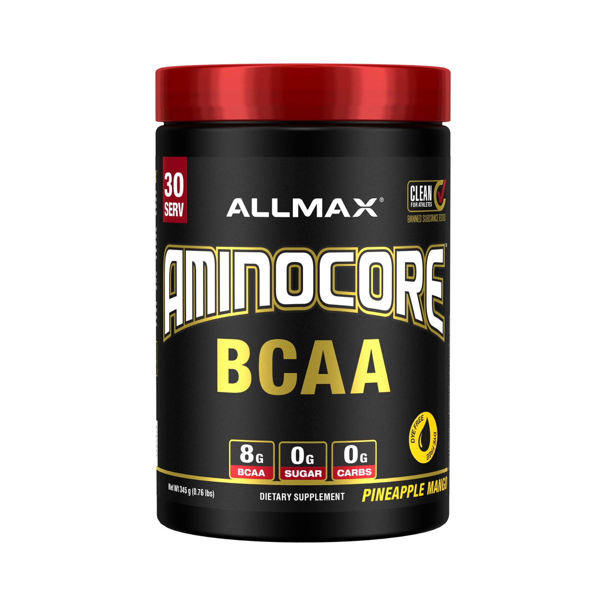 ALLMAX AMINOCORE dans le pot montrant le mélange BCAA clair et ciblé pour la récupération musculaire.