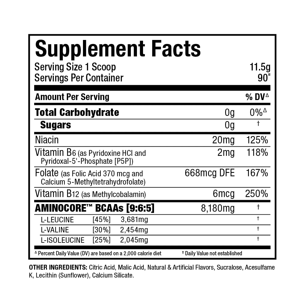 Qualité certifiée ALLMAX AMINOCORE, traçabilité et pureté visibles sur l’emballage.