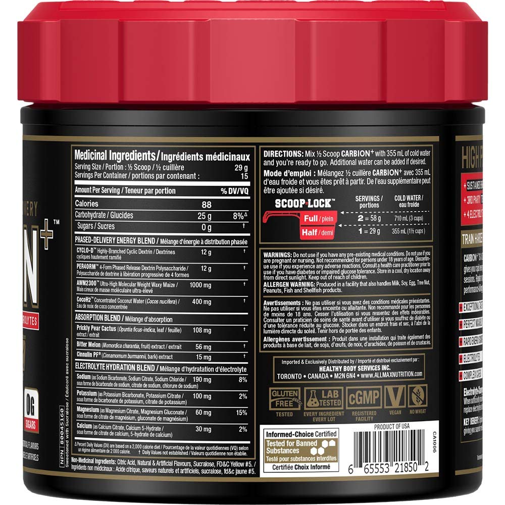 ALLMAX CARBION+ Pineapple Mango — poudre fine prête à se dissoudre pour une énergie soutenue.