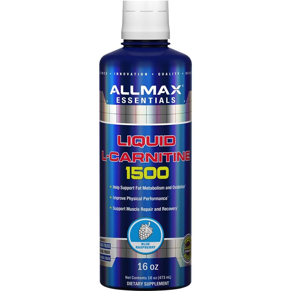ALLMAX Carnitine liquide: bouteille bleu-framboise prête à soutenir le métabolisme des graisses.