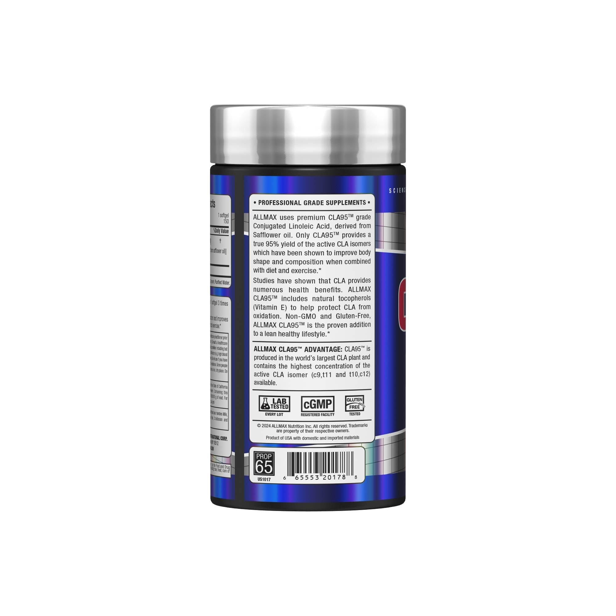 AllMax CLA95 bouteille 150 gélules, emballage pratique pour long terme.