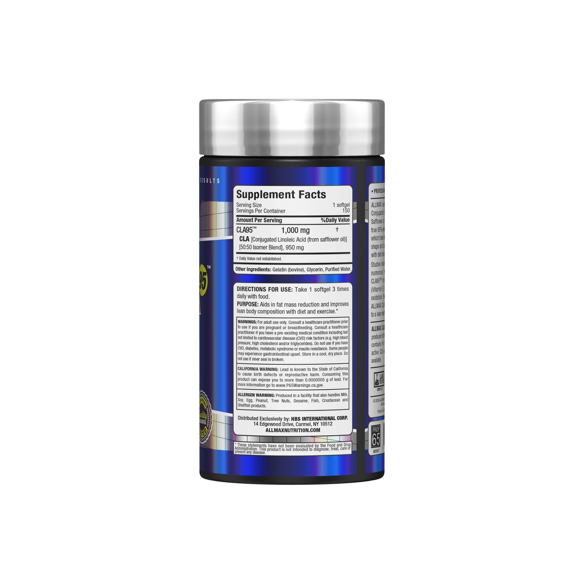 AllMax CLA95 etiquette conforme cGMP, assurant qualité et traçabilité.