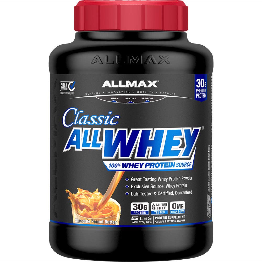 ALLMAX Classic ALLWHEY chocolat-beurre-de-cacahuete, pot pratique pour des shakes protéinés rapides.