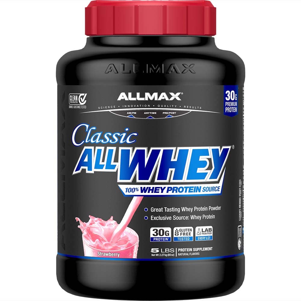 ALLMAX Classic ALLWHEY fraise, emballage clair, idéal pour un petit-déjeuner protéiné rapide