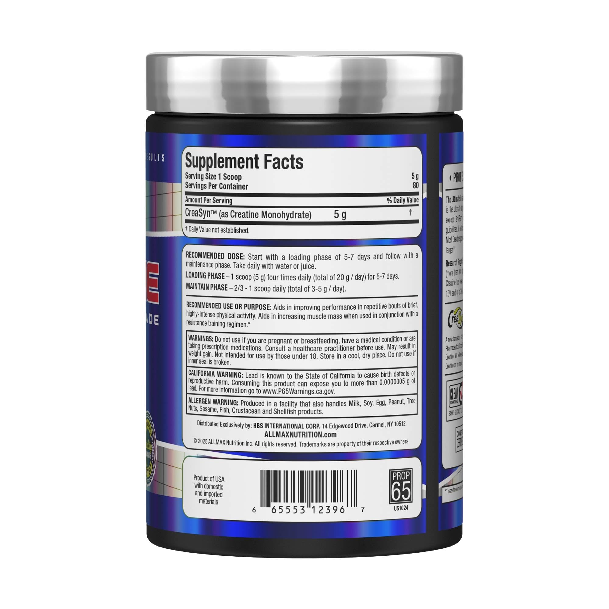 Flacon ALLMAX Créatine Monohydrate 400 g prêt à l’emploi pour l’entraînement.