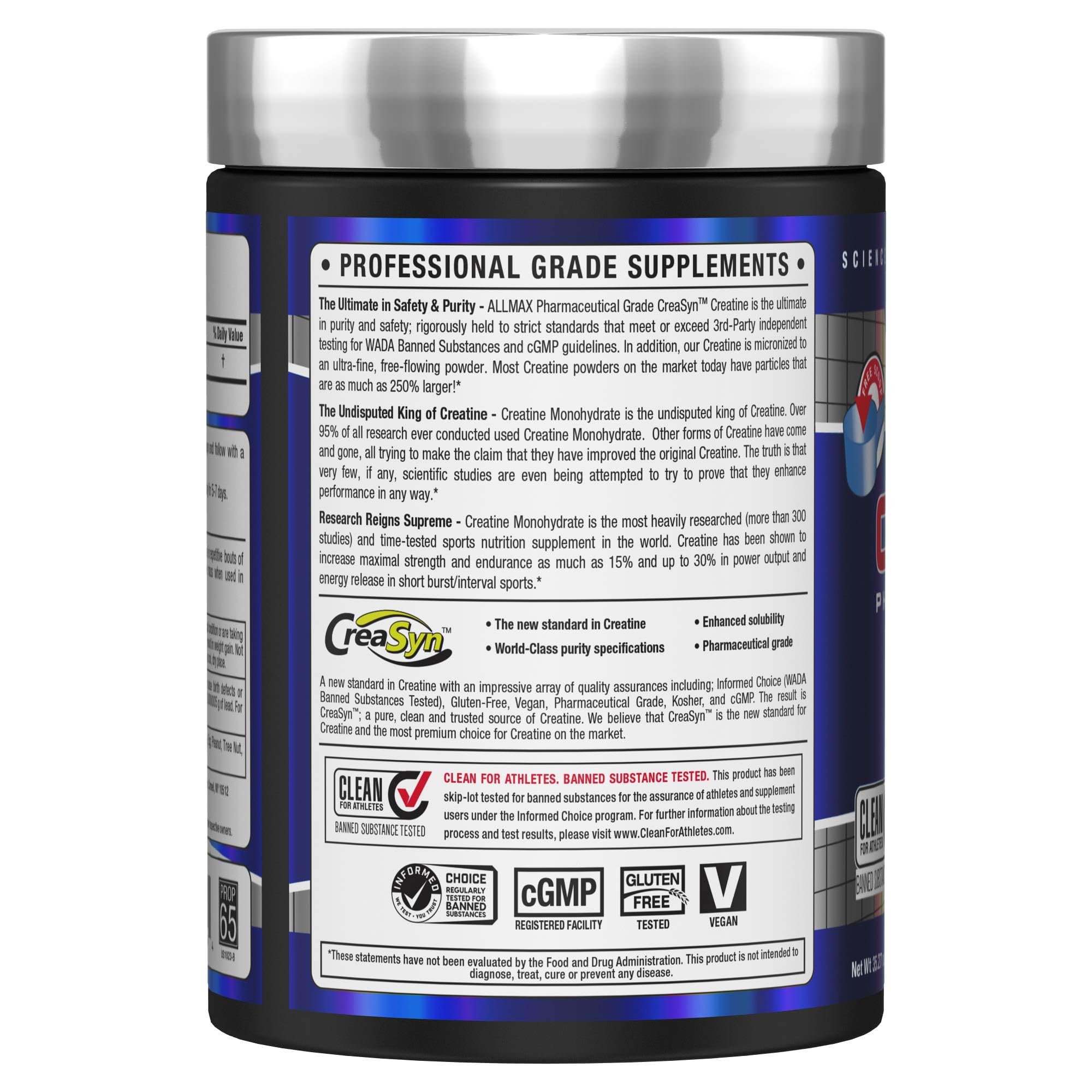 ALLMAX Créatine Monohydrate : etiquette-label, informations claires sur le produit et ses usages.