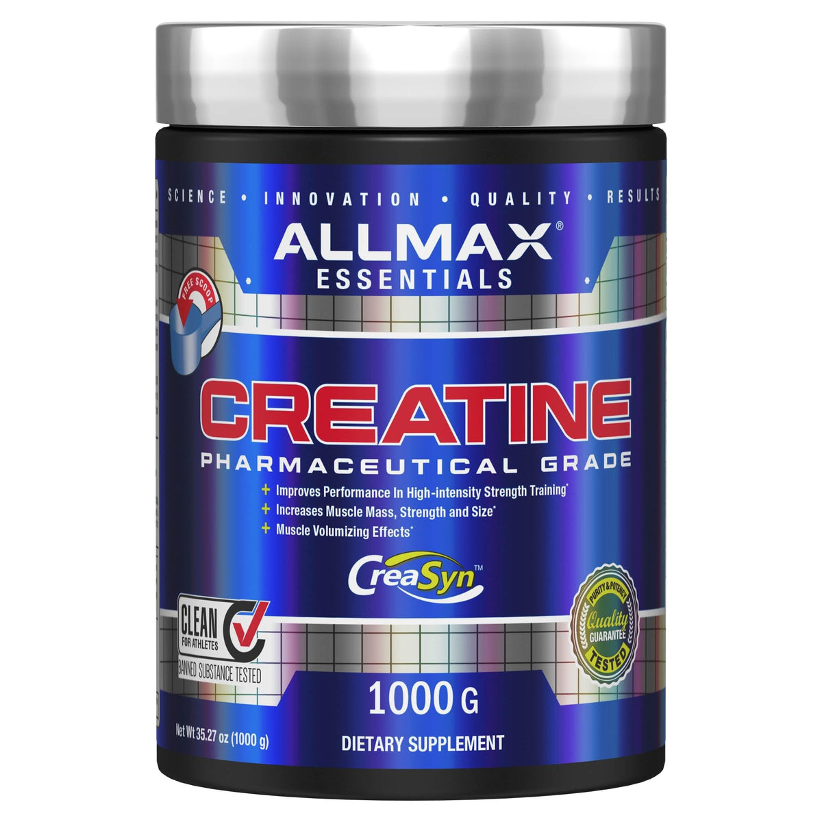 ALLMAX Créatine Monohydrate : flacon-poudre, dissolution rapide dans l’eau ou le jus.