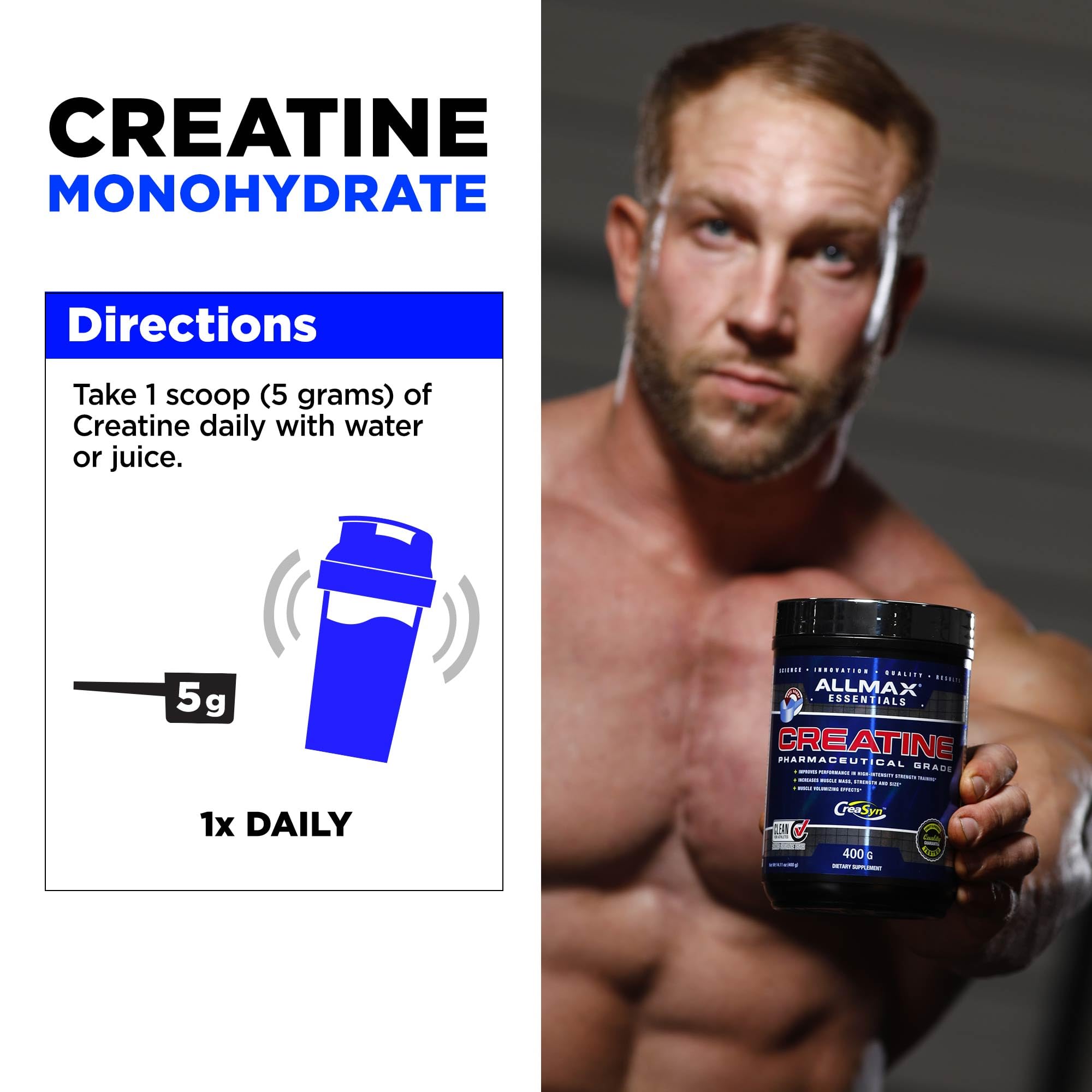 ALLMAX Créatine Monohydrate : sans-gluten-vegan, conforme aux régimes végétaliens et sans gluten.