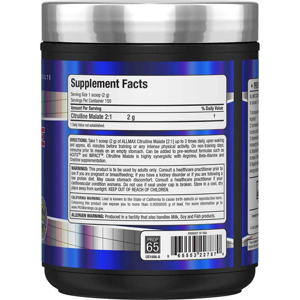 Allmax Essentials Citrulline Malate 2:1 — amélioration potentielle de l'endurance et récupération après l'effort.
