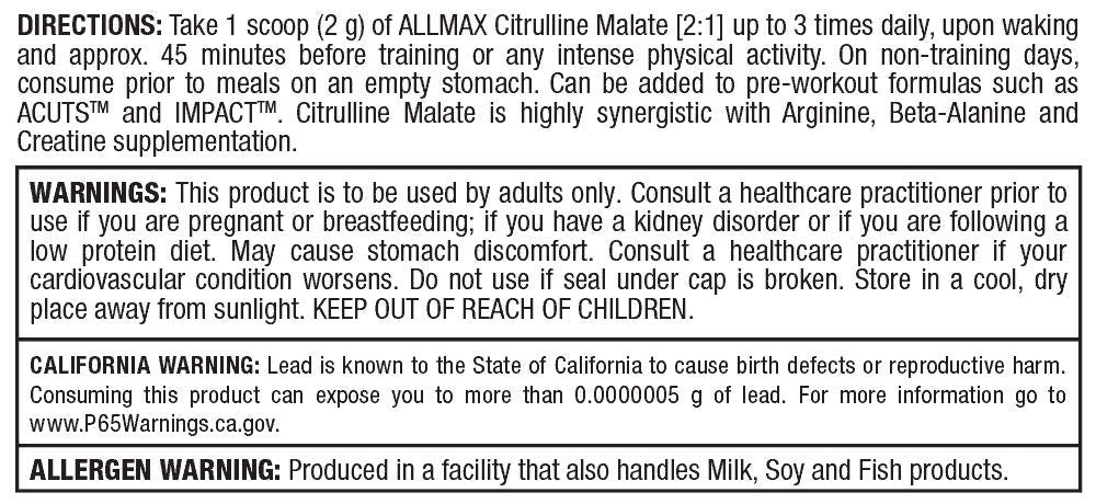 Allmax Essentials Citrulline Malate 2:1 — complément testé en laboratoire, sans additifs.