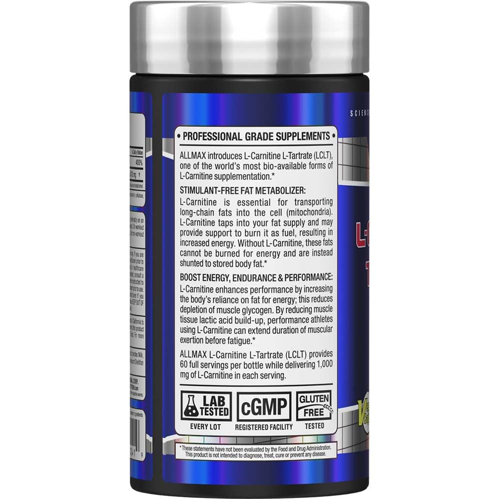 ALLMAX Essentials L-Carnitine Tartrate sur l'étiquette, soutien métabolisme des graisses pendant l'effort.