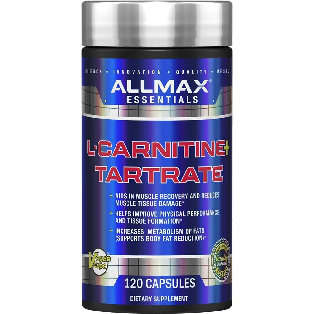 ALLMAX Essentials L-Carnitine Tartrate capsules en boîte, énergie pour l'entraînement.