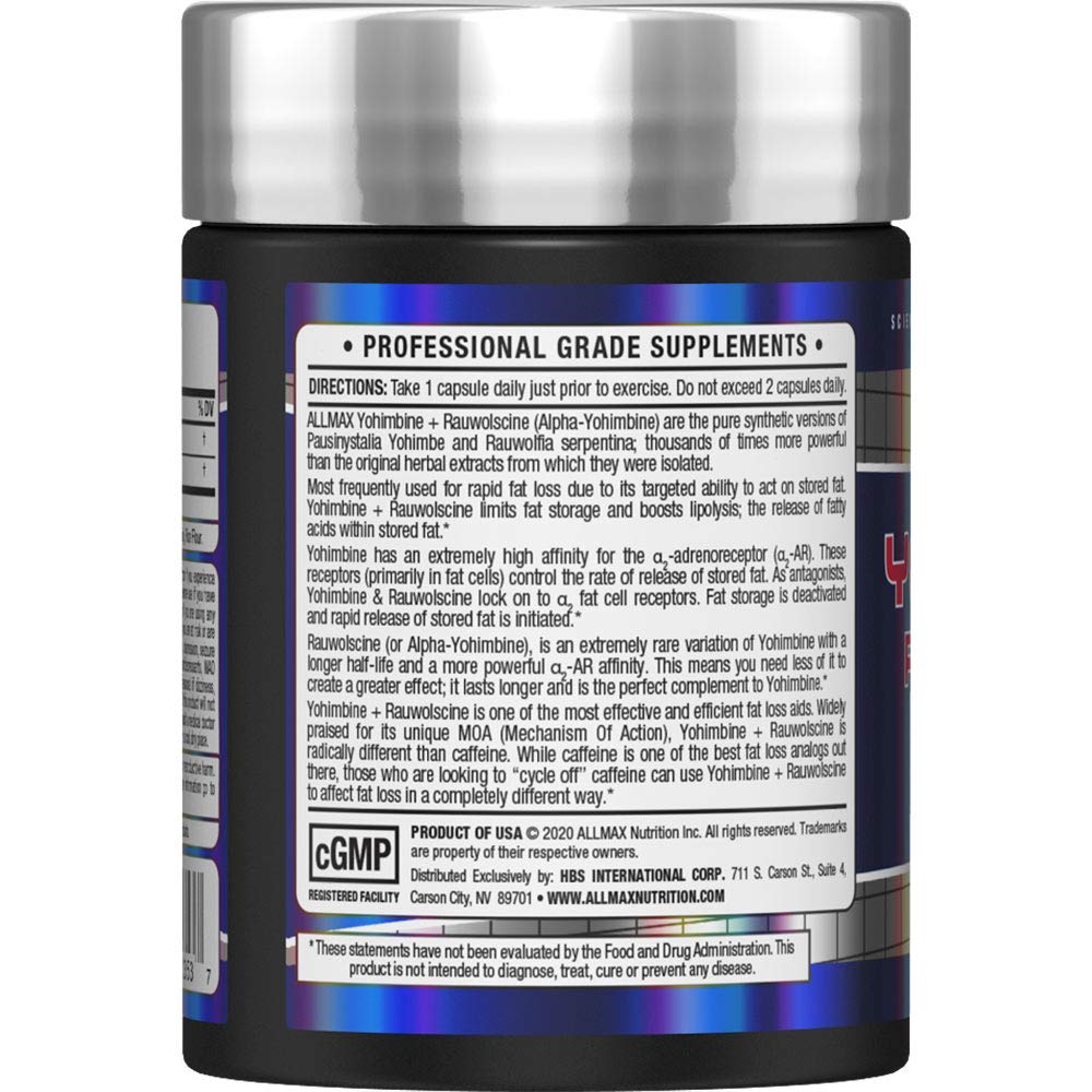 ALLMAX Essentials Yohimbine + rauwolscine – Étiquette professionnelle assure un dosage sûr et précis.
