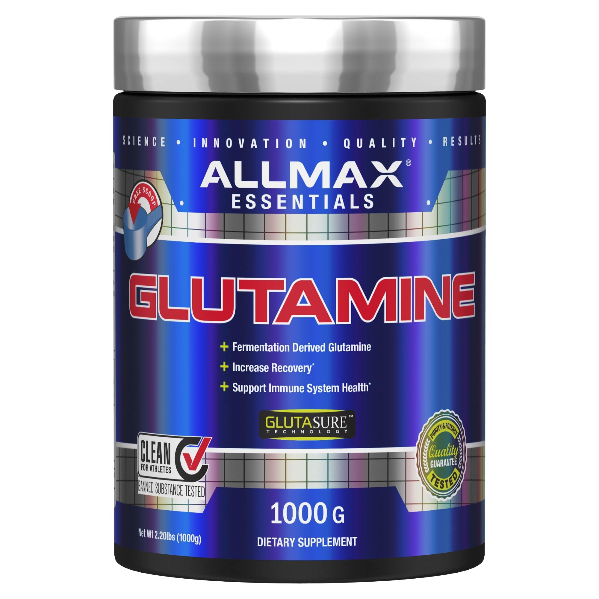 ALLMAX Glutamine en poudre dans une bouteille, soutien récupération après l effort.