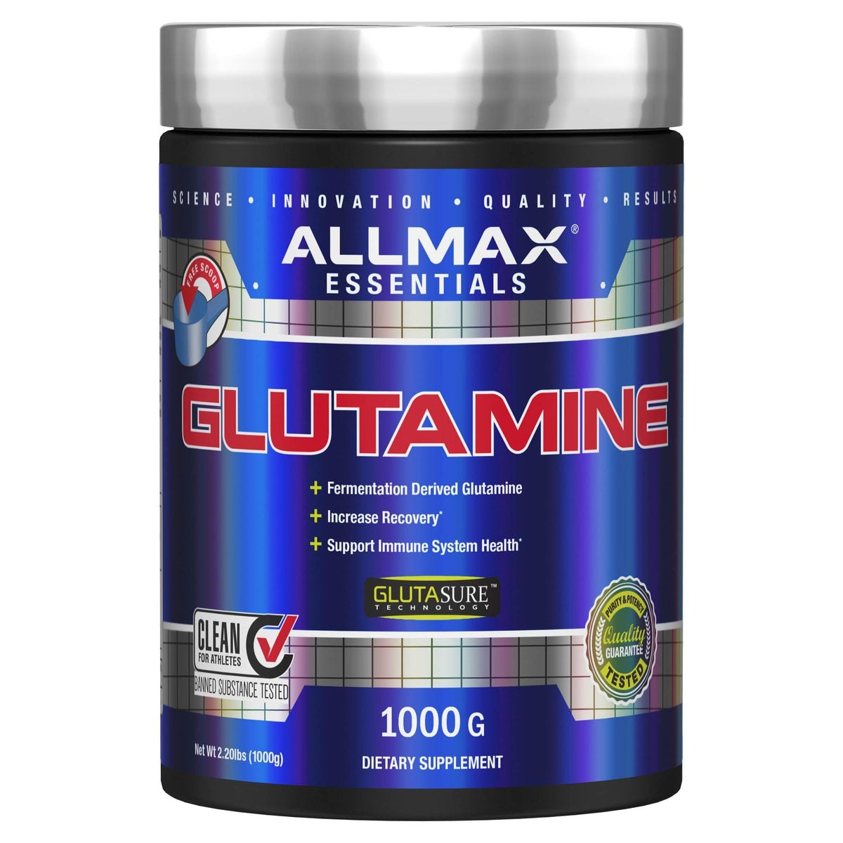 ALLMAX Glutamine en poudre dans une bouteille, soutien récupération après l effort.