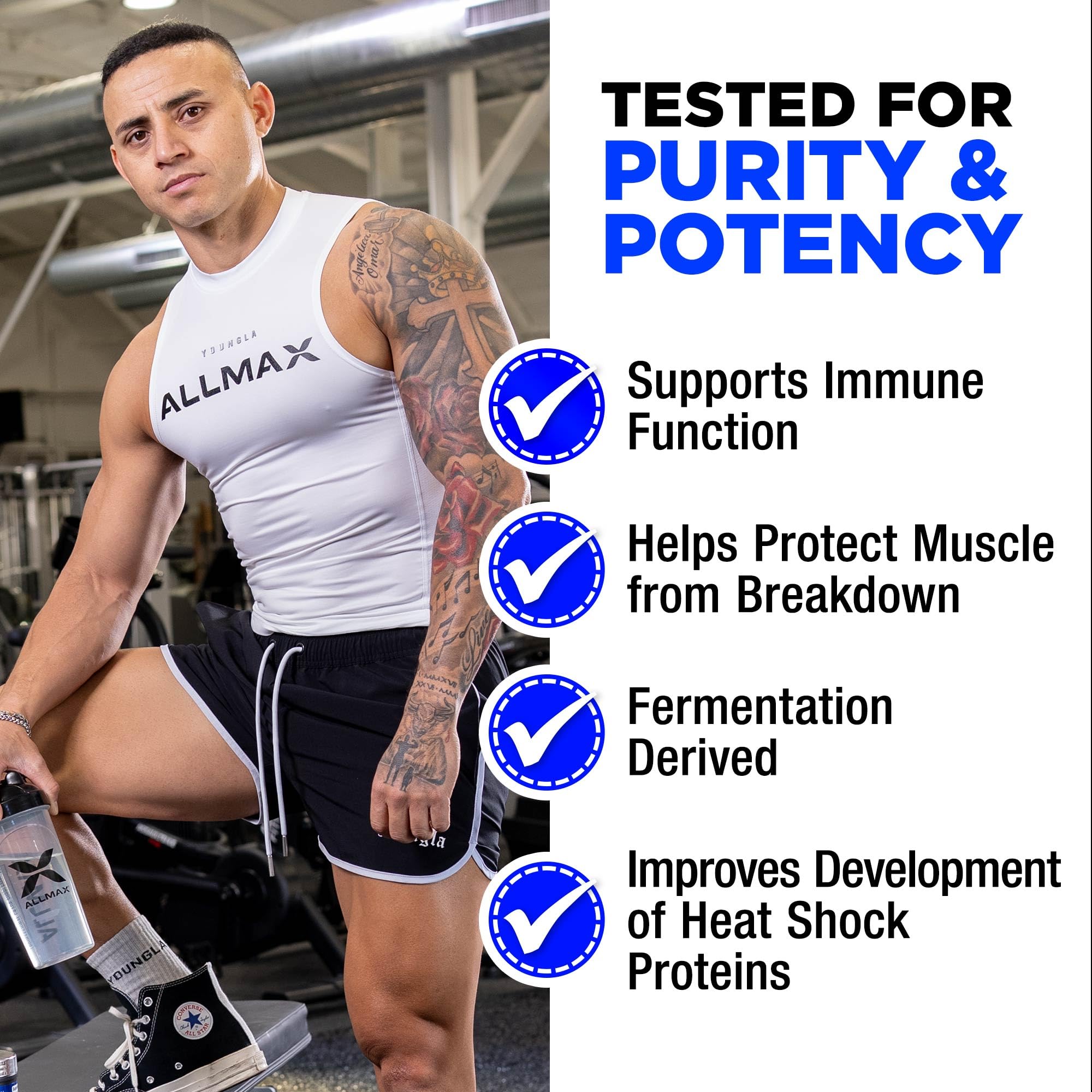 Glutamine ALLMAX dérivée par fermentation naturelle, pureté et stabilité.