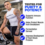Glutamine ALLMAX dérivée par fermentation naturelle, pureté et stabilité.