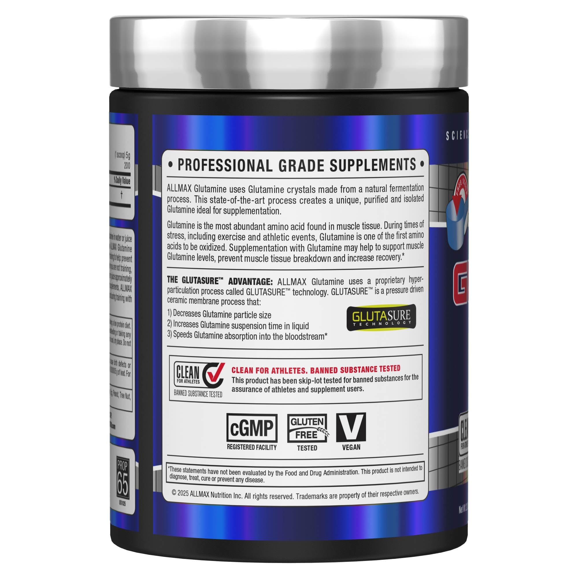 Doseuse intégrée ALLMAX Glutamine pour des portions précises.