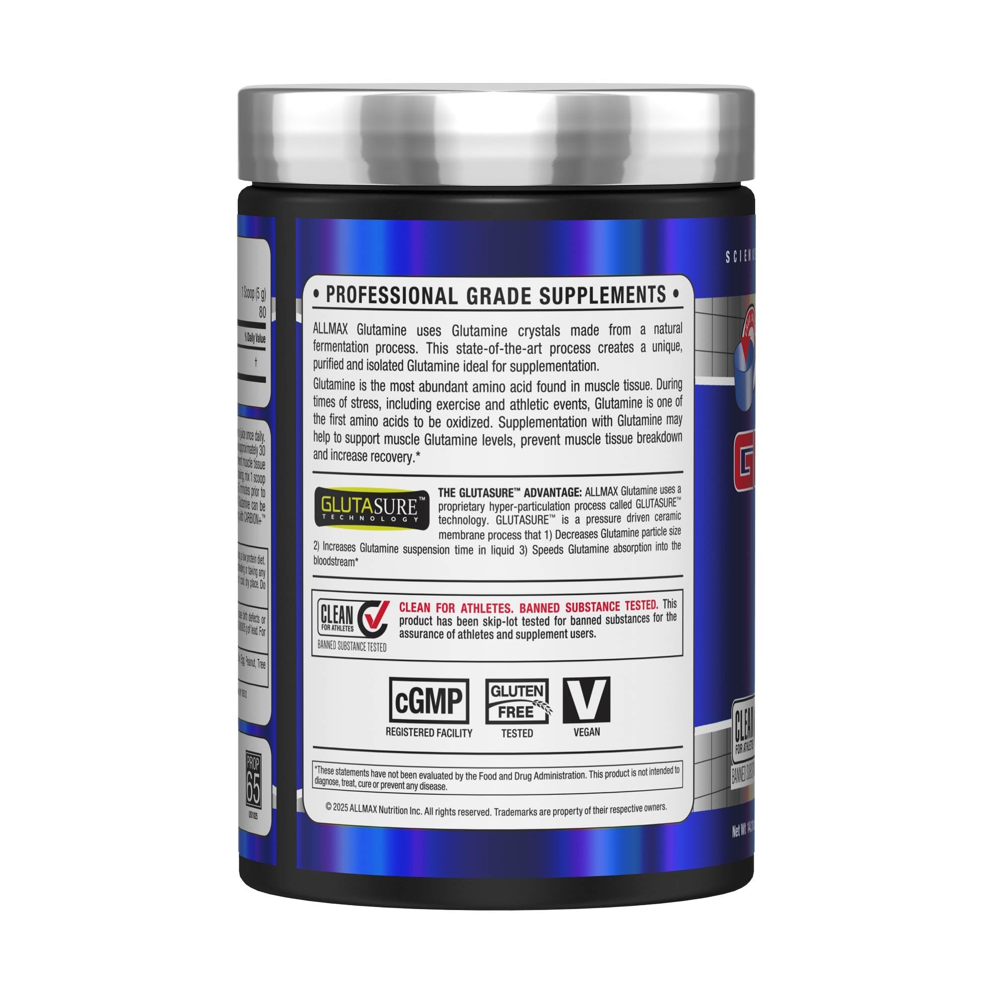 ALLMAX Glutamine – dose-scoop: mesure précise pour l'ajout dans shakes et boissons.