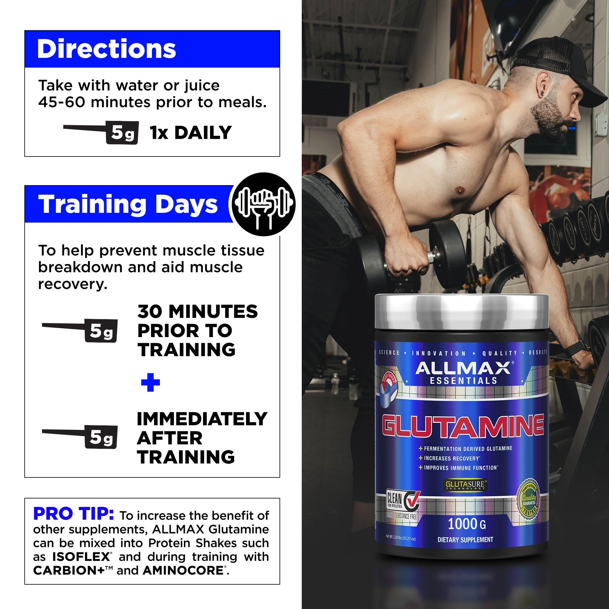 ALLMAX Glutamine sans gluten et végan pour votre régime.