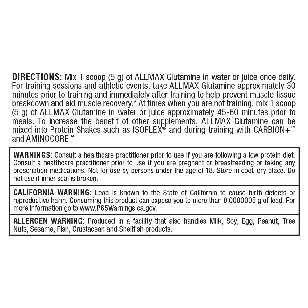ALLMAX Glutamine – utilisation avant/après entraînement: convient à un mode de vie actif.