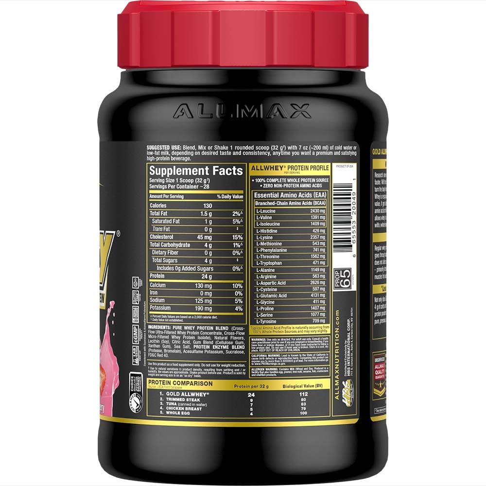 Poudre fine ALLMAX Gold ALLWHEY Fraise se mélange facilement.