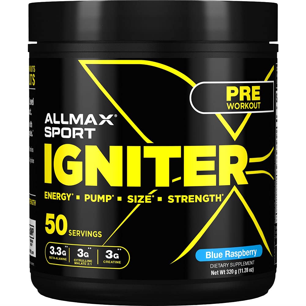  ALLMAX IGNITER Sport, boîte poudre Framboise Bleue, énergie pré-entraînement durable.