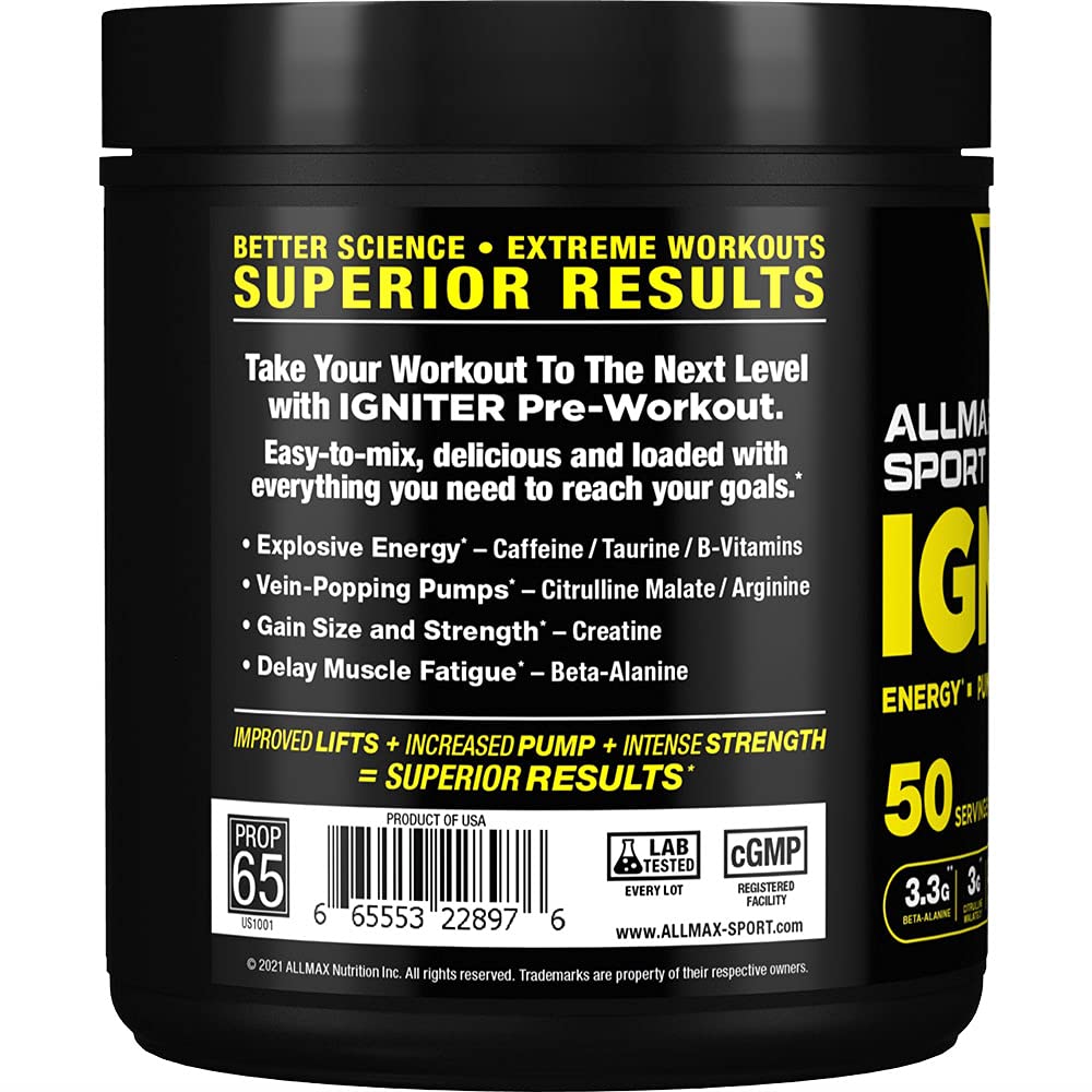  ALLMAX IGNITER Sport, doseur poudre Framboise Bleue, dosage facile.