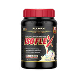 ALLMAX ISOFLEX montre sa bouteille saveur gâteau-anniversaire pour un apport protéique pur.