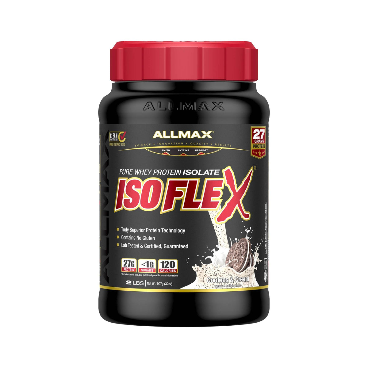 ALLMAX ISOFLEX poudre isolate cookies creme dans le pot, protéine rapide pour récupération.